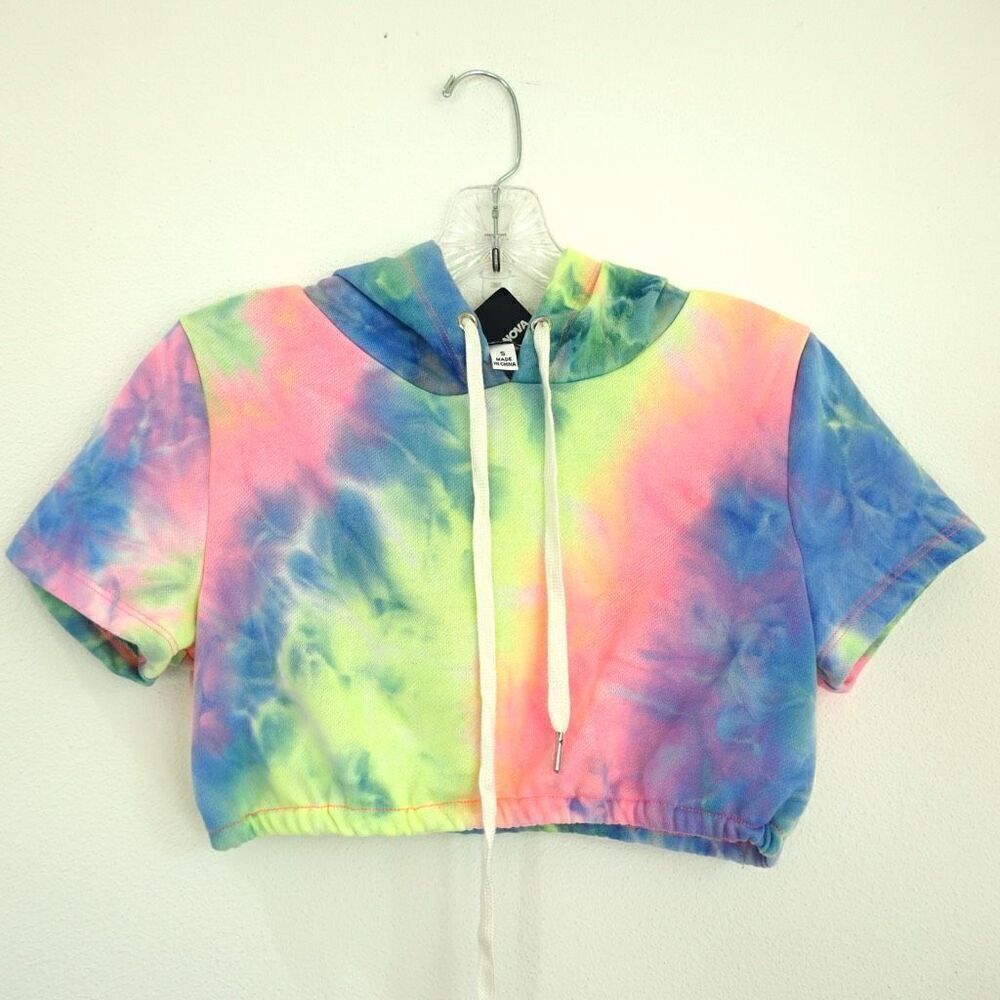 Fashion Nova Cropped Tie Dye Hoodie Bright Pastels Size Small NWT